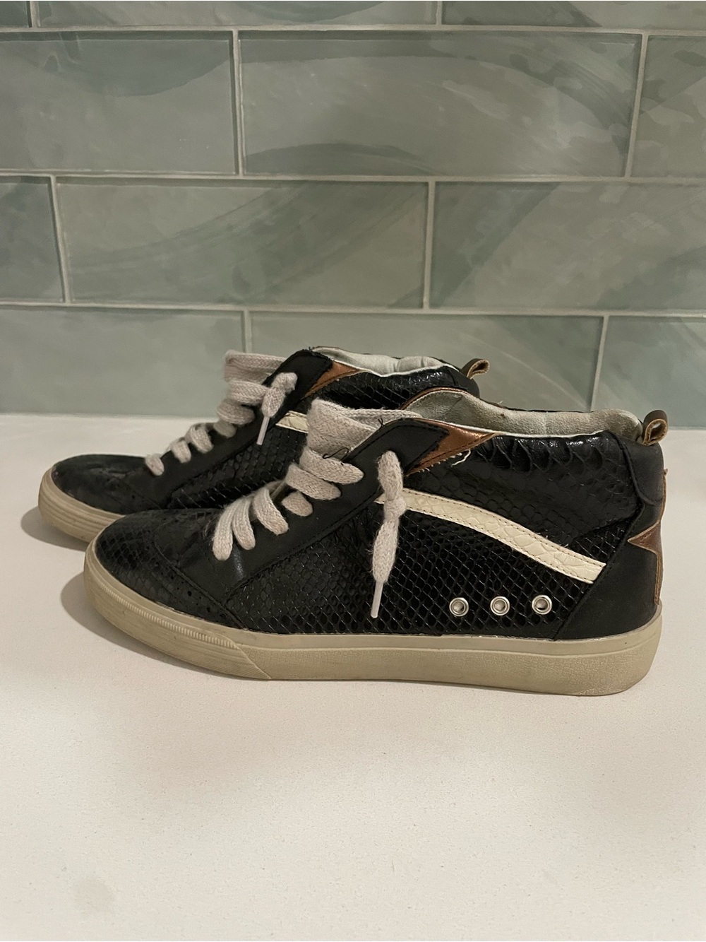 ShuShop Black High-Top Sneakers with Cream Stripe and Tan Accent
